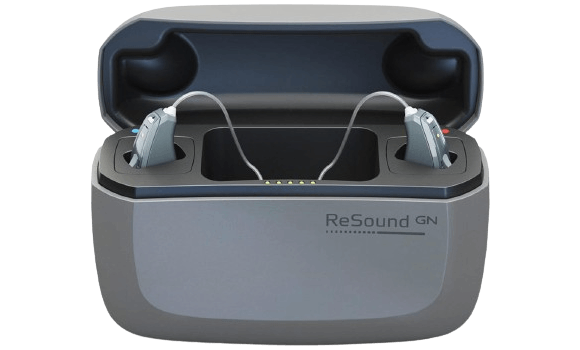 ReSound rechargeable hearing aids pictured with their charger